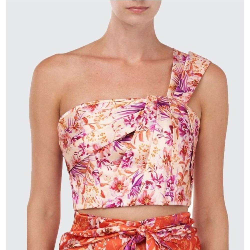 AMUR Madame Top Medium Floral One Shoulder Crop Top Tropical Print Resort Y2K